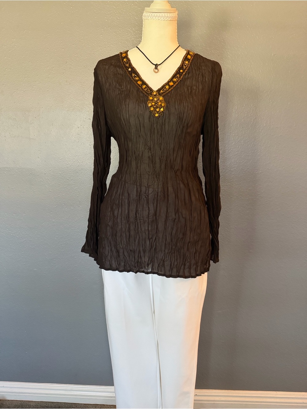 Worthington Brown Crinkle V-Neck Top with Beaded Accents